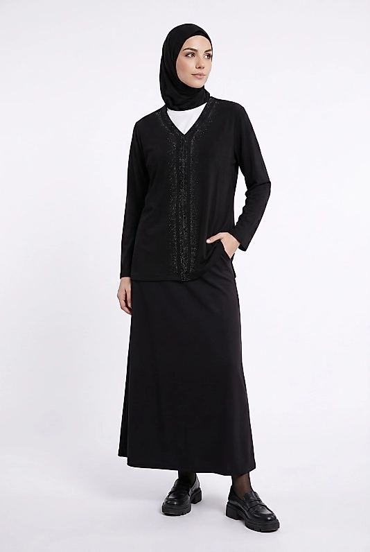 Armine Siyah Penye Taşlı